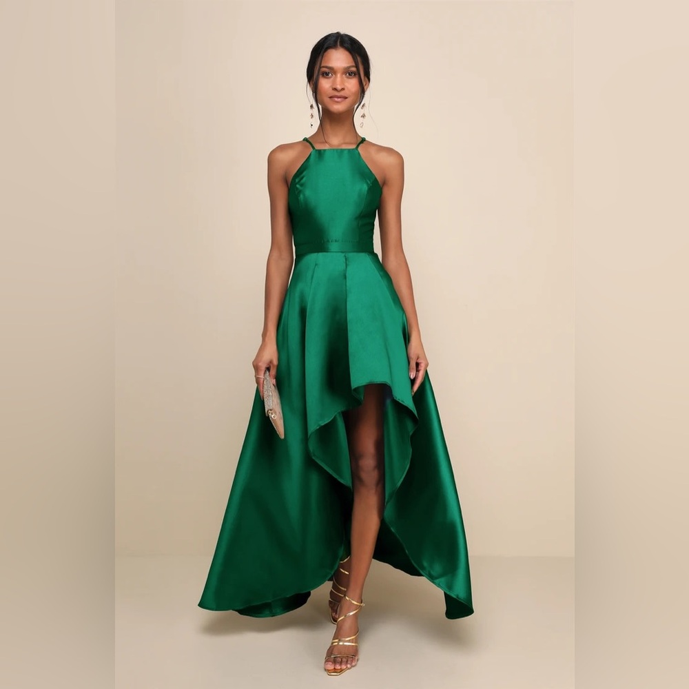 Lulu's Teal High-Low Satin Maxi Dress - Picture 4 of 8